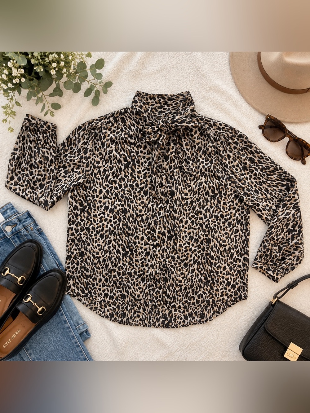 J.Crew 100% Silk Leopard Print Tie Neck Blouse Long Sleeve Size L